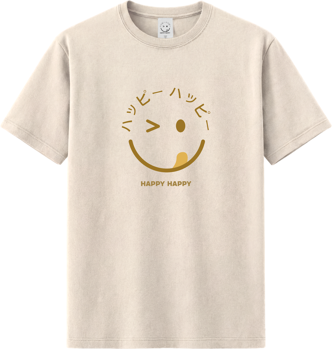 Beige t-shirt with gold smiley wink face design and 'Happy Happy' text