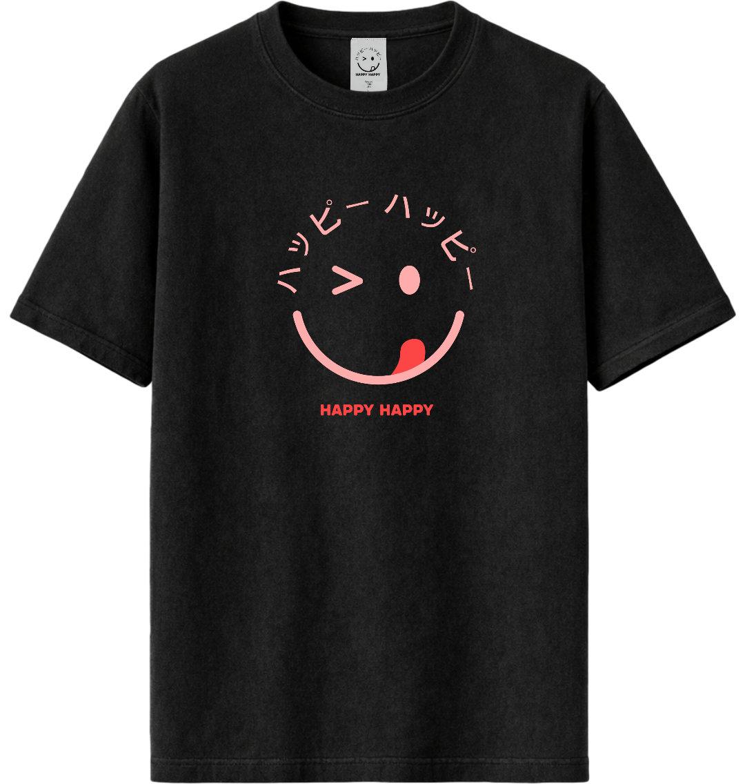Black t-shirt with a light pink wink smiley face graphic and 'Happy Happy' text